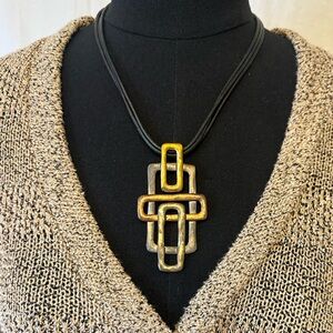 Modern Geometric Statement Necklace Mixed Metal Pendant Black Cord